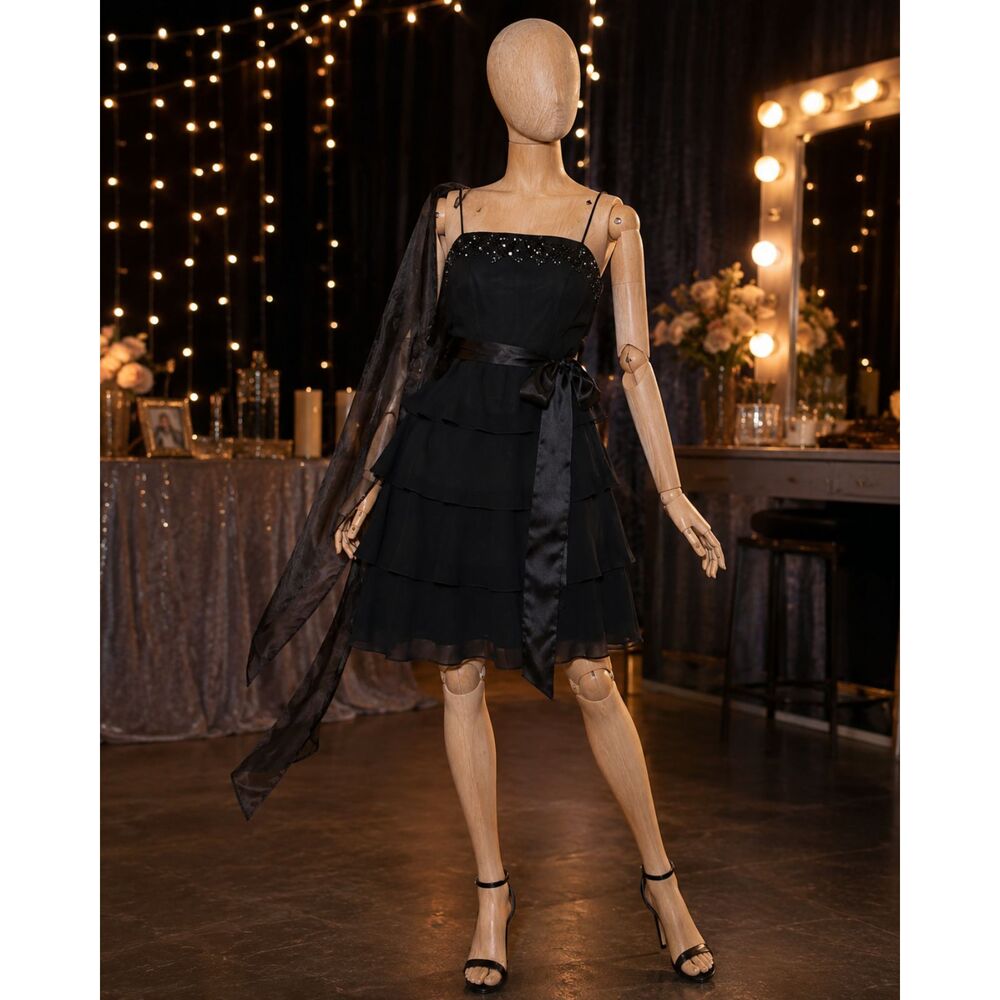 S.L. Fashions Vintage Black Beaded Sequin Cocktail Dress Chiffon LBD Size 8